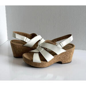Clarks Giselle Beach Women 7.5M White Leather Slingback Cork Wedge Comfy Sandals